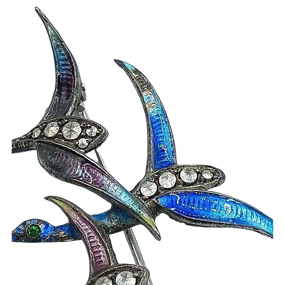 Vintage 835 Silver Bird Brooch Marcasites Enamel Ducks Flying Figural Pin Jewelr